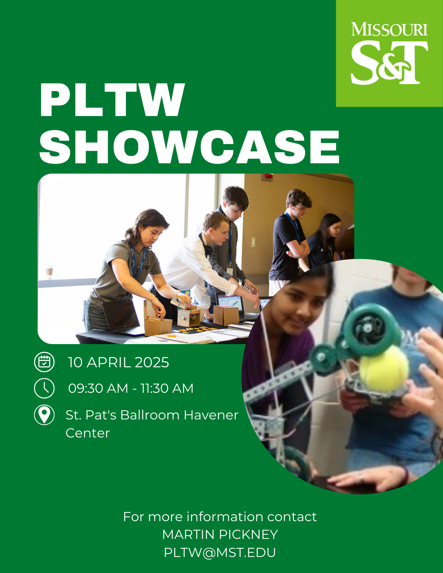 2025 PLTW Showcase flyer with pltw@mst.edu - April 10, 2025